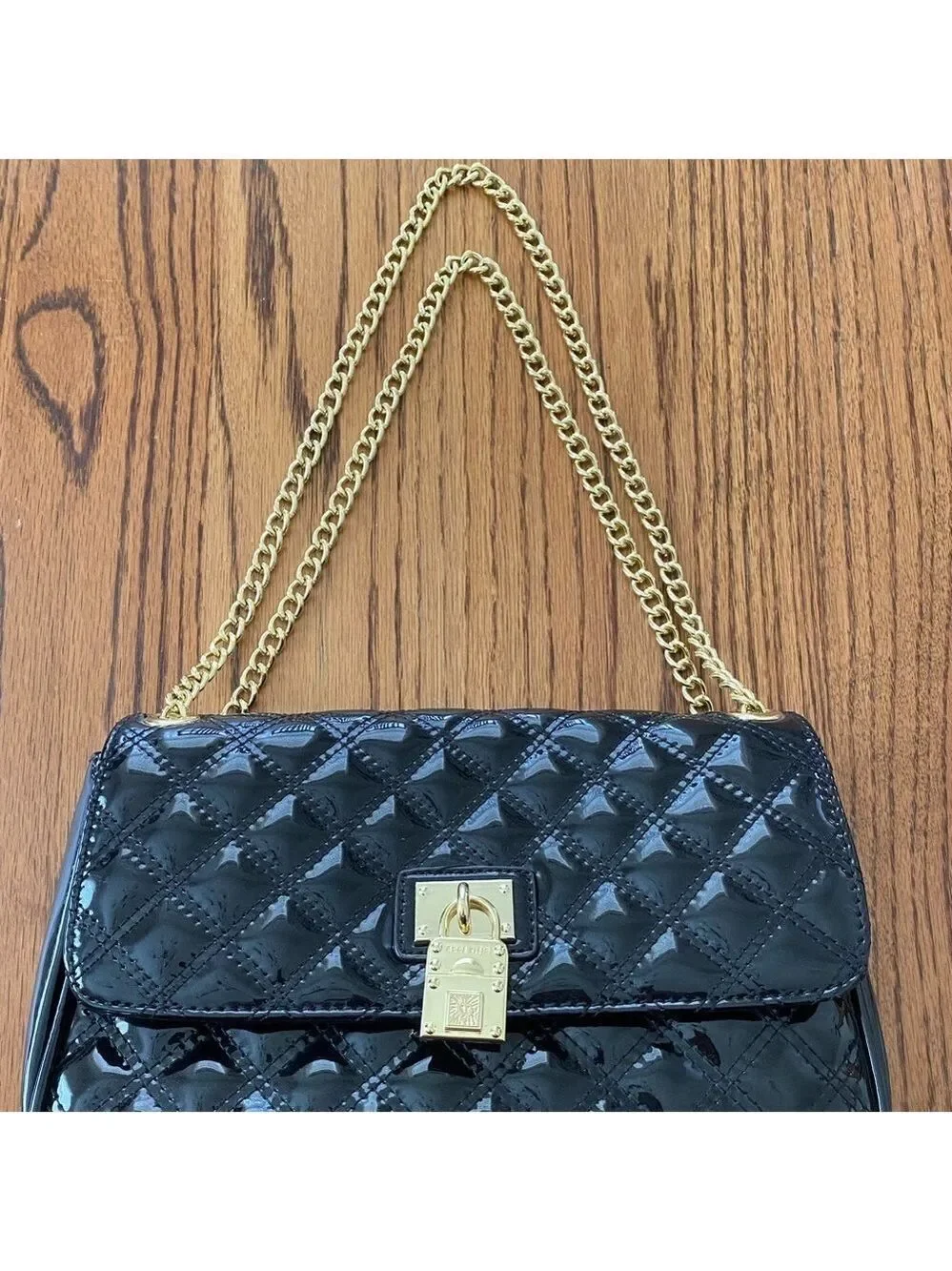 Anne Klein Black Quilted Patent Shoulder Bag Gold Tone Hardware